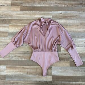 Fleur Du Mal Neck Tie Dolman Pink Silk Bodysuit Size L